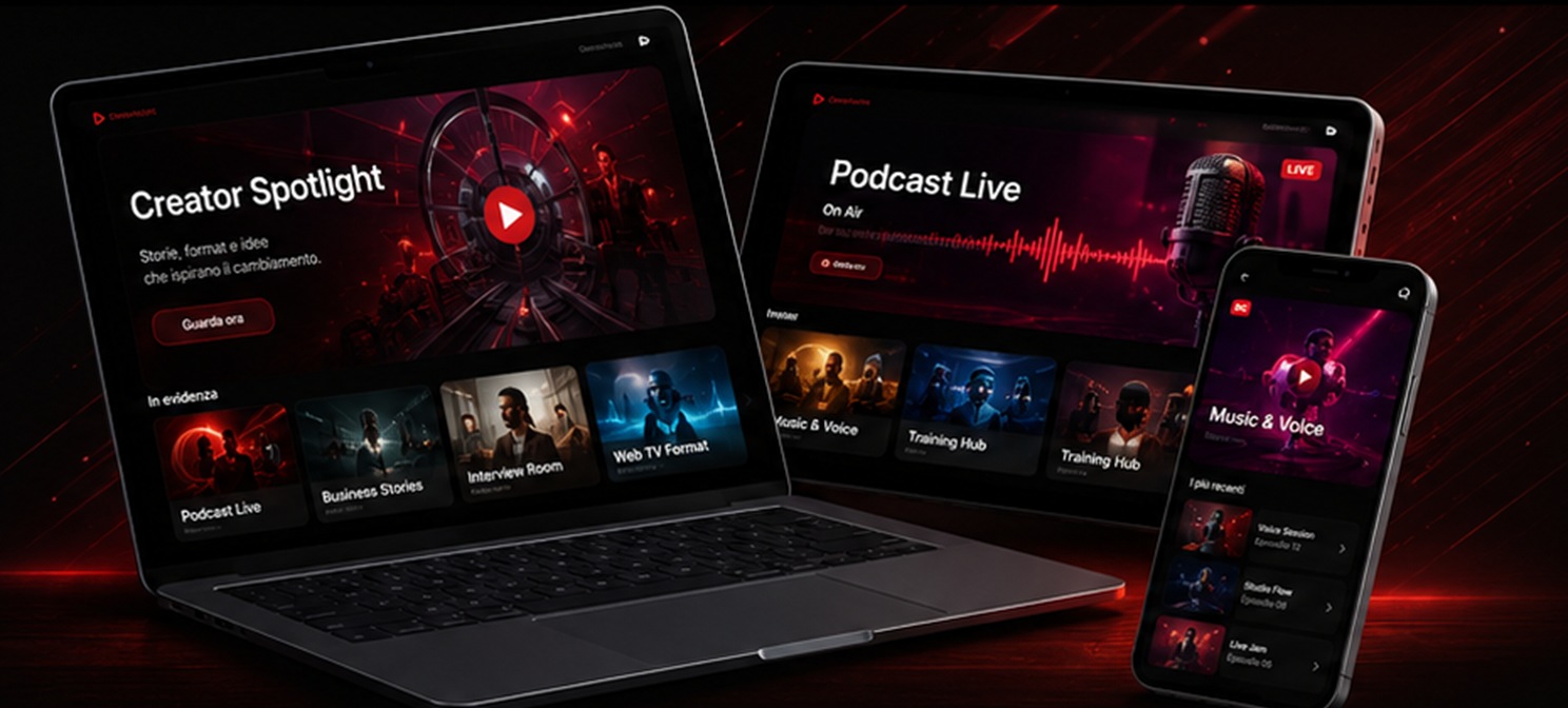 Mockup piattaforma CreatorSpeaker TV su laptop tablet e smartphone